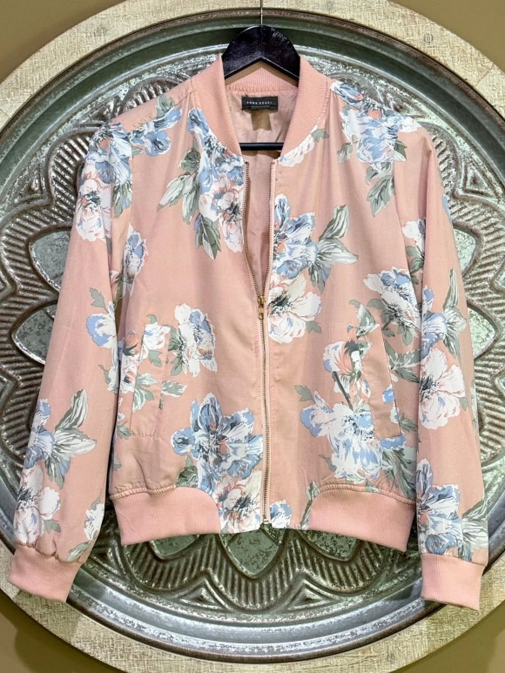 Sans Souci Blush Pink W Blue & White Floral Design Cropped Satin Bomber Jacket